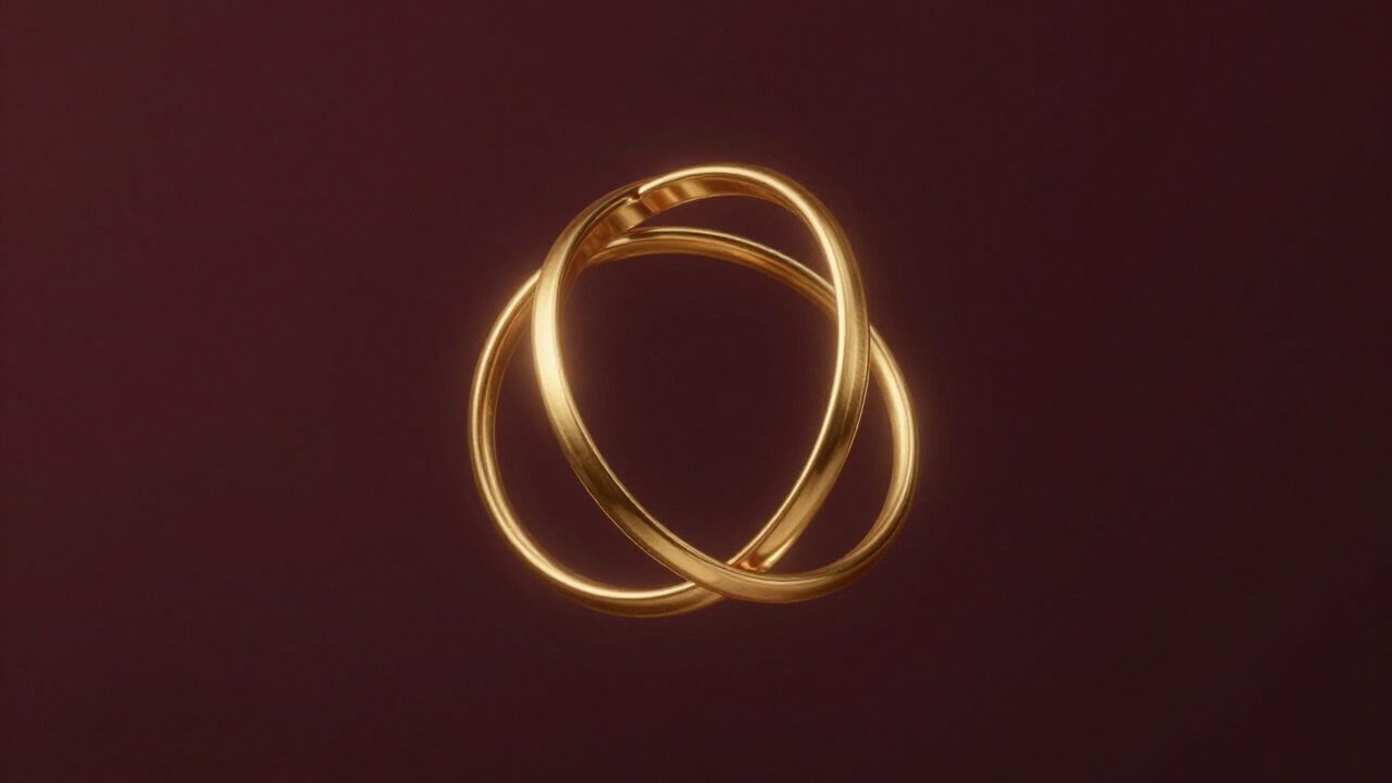 三つの黄金の輪が互いに重なり合い、内部で光を反射し続ける抽象的な図像