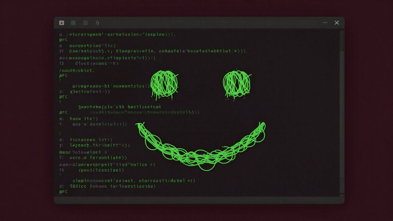 Illustration of a terminal screen displaying tangled spaghetti-like code with a mischievous grin