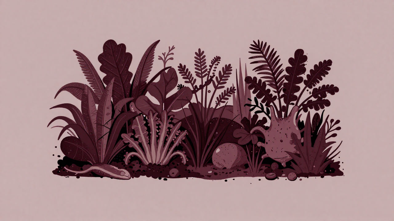 Illustration of a garden covered in green, where vegetables and weeds appear to coexist.