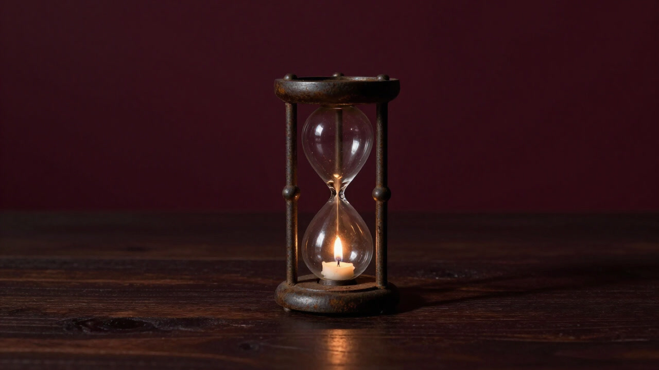 揺れるろうそくの炎の前に置かれた錆びついた砂時計