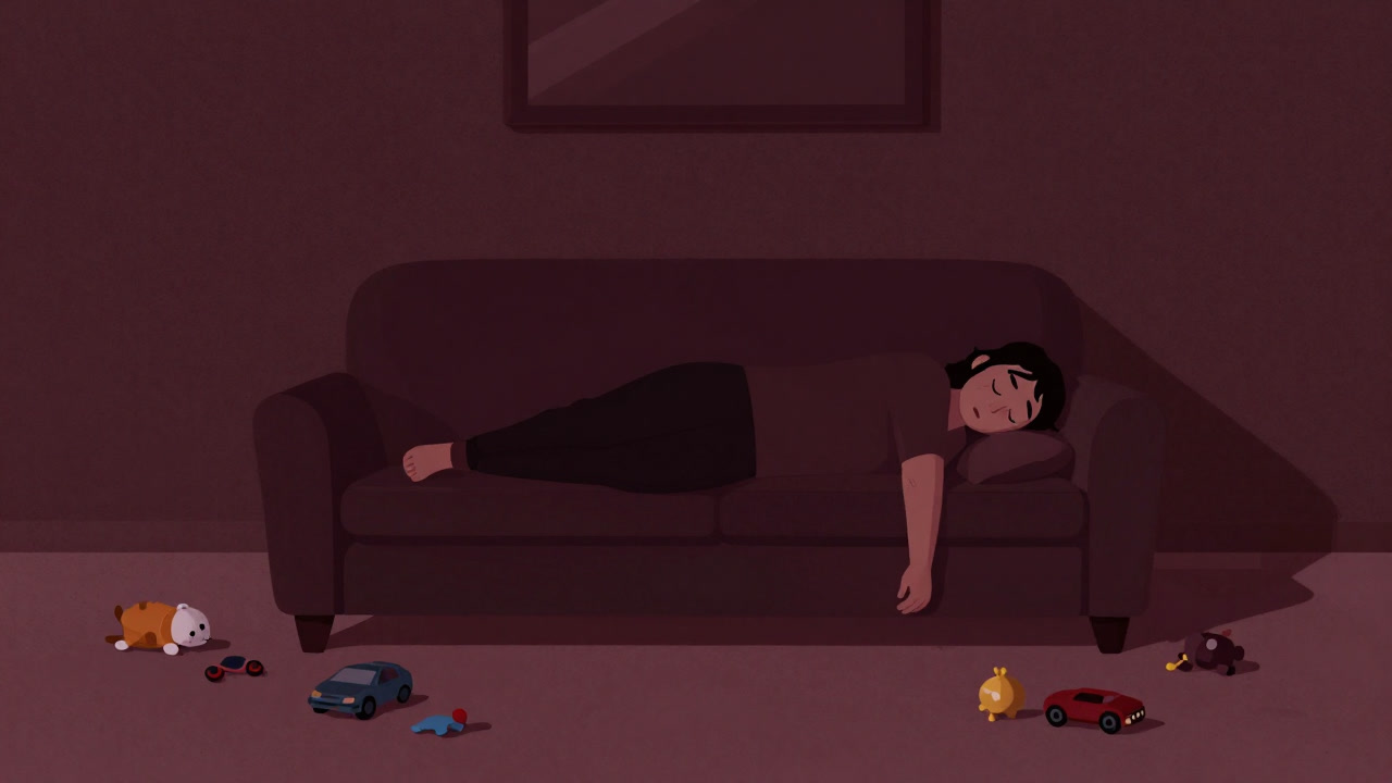 おもちゃが散乱したリビングで疲れた表情の親がソファに横たわる写真