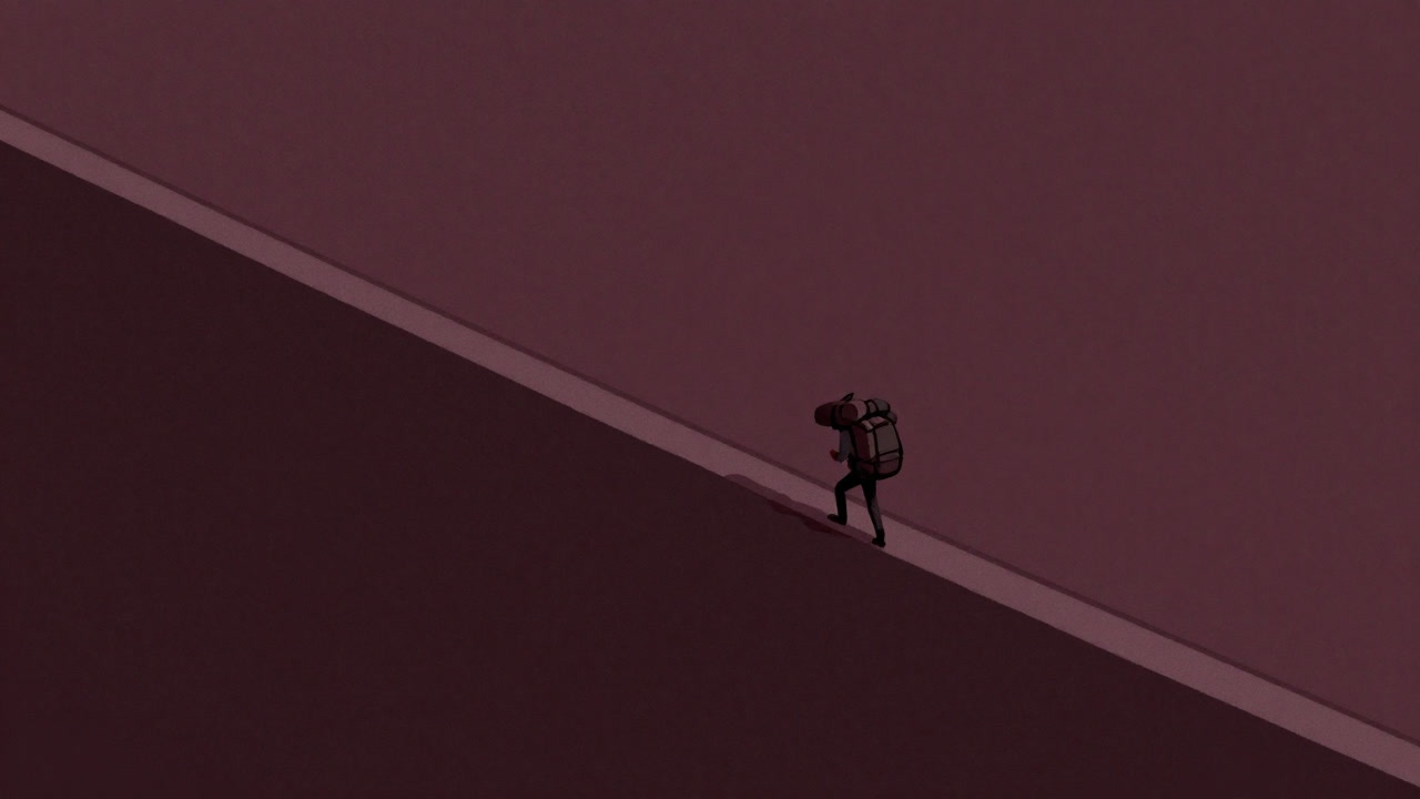 A person climbing a steep mountain road endlessly, seen from behind.