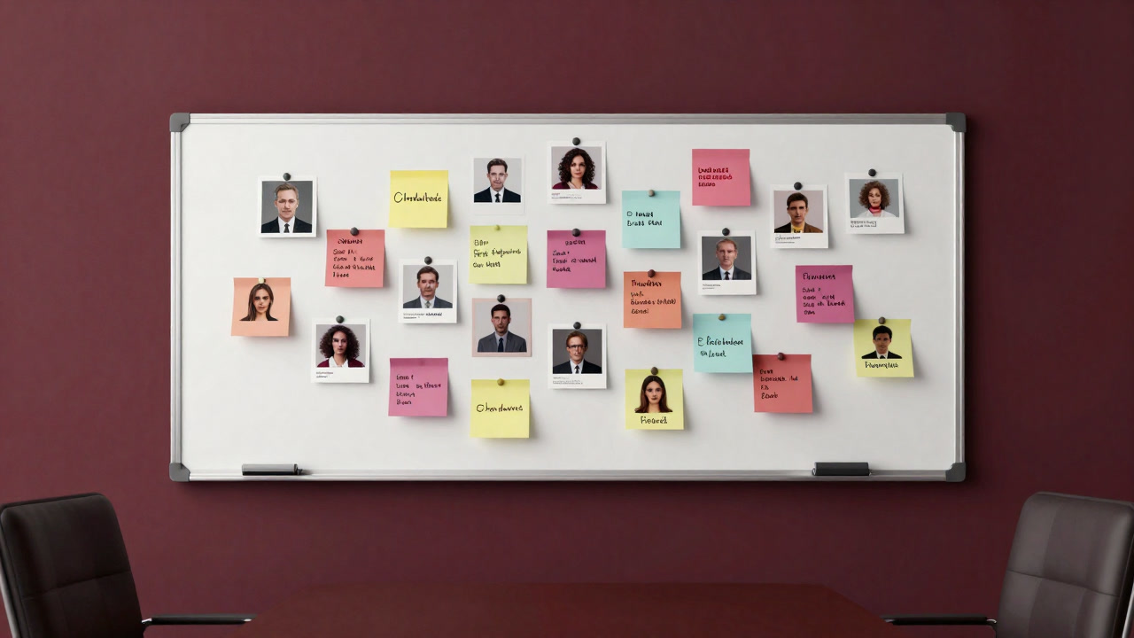 An office whiteboard plastered with various fictional customer faces and attributes, looking like a haunted house