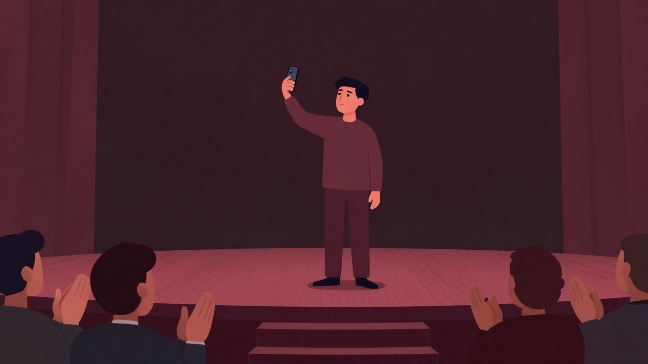 ステージ上で観客に向かい自撮りをする人物のイラスト