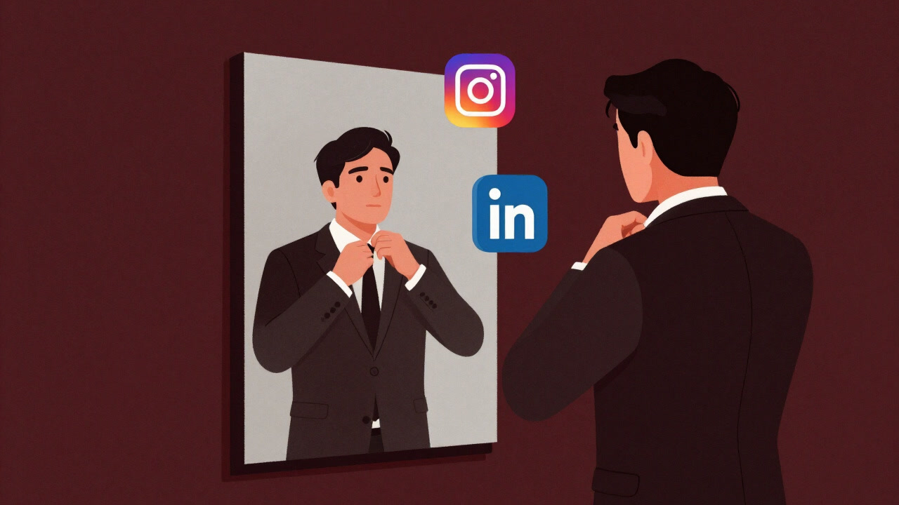Illustration of a business person checking their suit in a mirror, with social media icons floating in the background