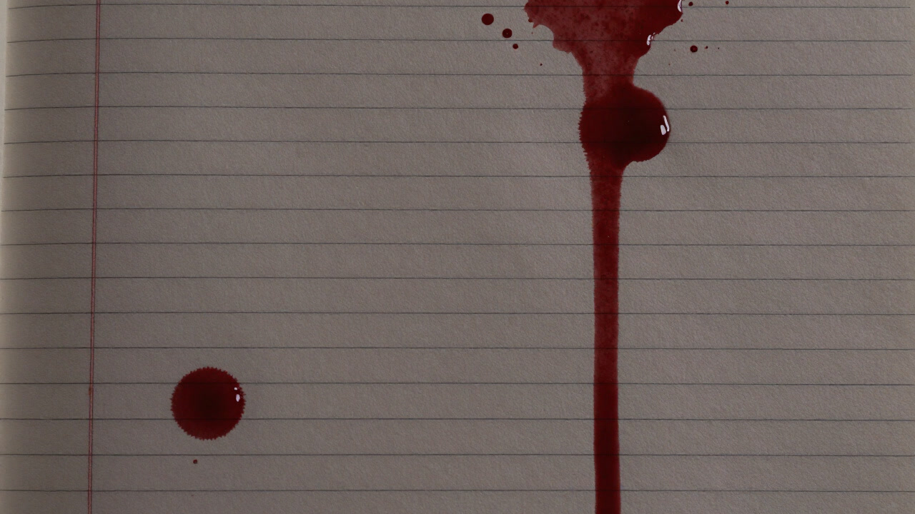 Illustration of a ledger page stained red like blood