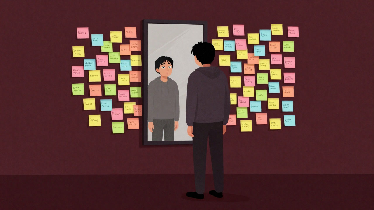 鏡に映る自分を磨くために、無数の習慣ポストイットに囲まれ疲弊しきった人物のイラスト