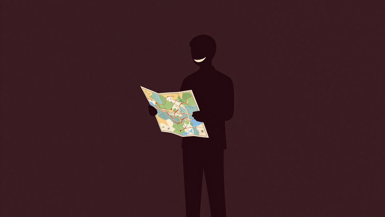 Silhouette of a person holding a palm-sized map, wearing a hollow smile