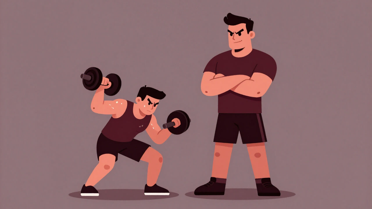汗だくの顧客にダンベルを持たせ、厳しい表情で見守るトレーナーのイラスト