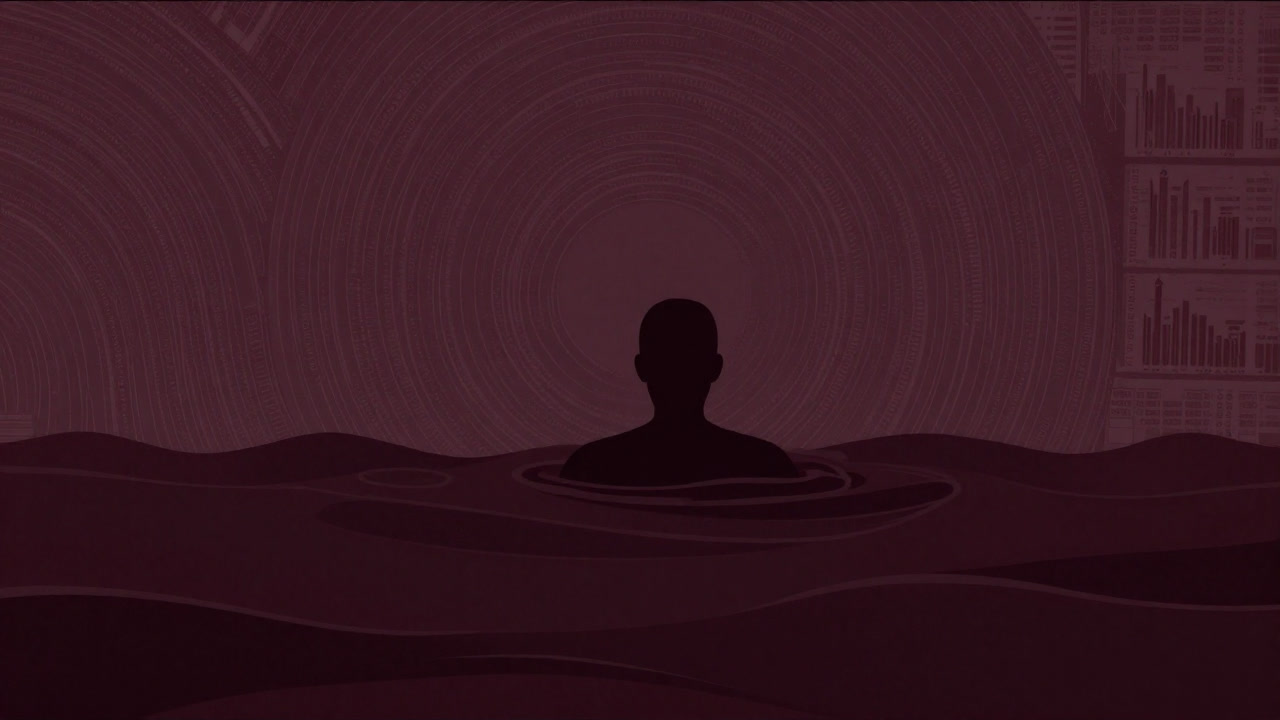 Illustration of a silhouette struggling to surface from waves of customer data with algorithmic spirals in the background.