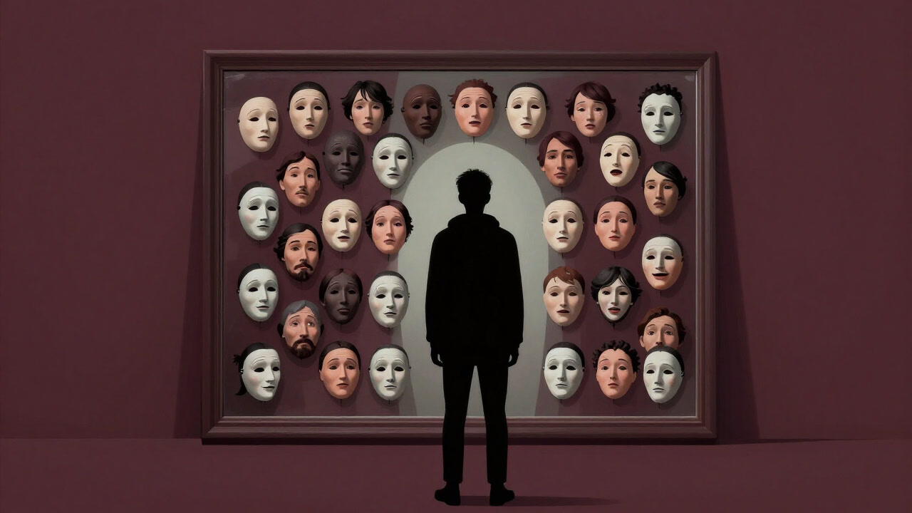 鏡に映る無数の仮面を見つめる人のシルエット