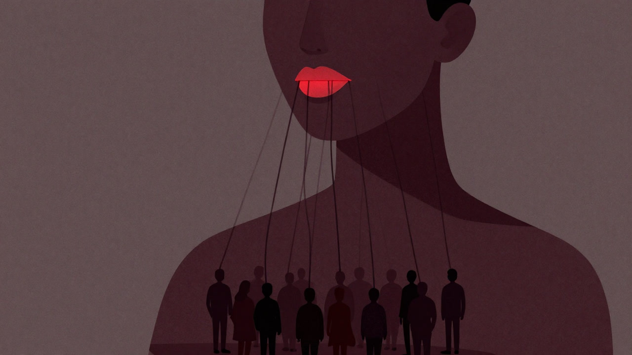 口から出る糸で他人を操るマリオネットのような人物のイラスト