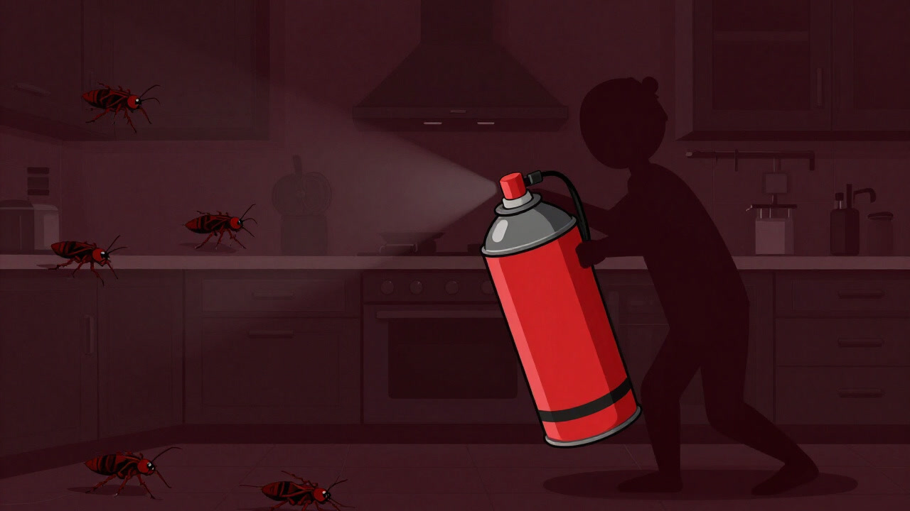 Silhouette of a human holding a spray can with cockroaches fleeing.