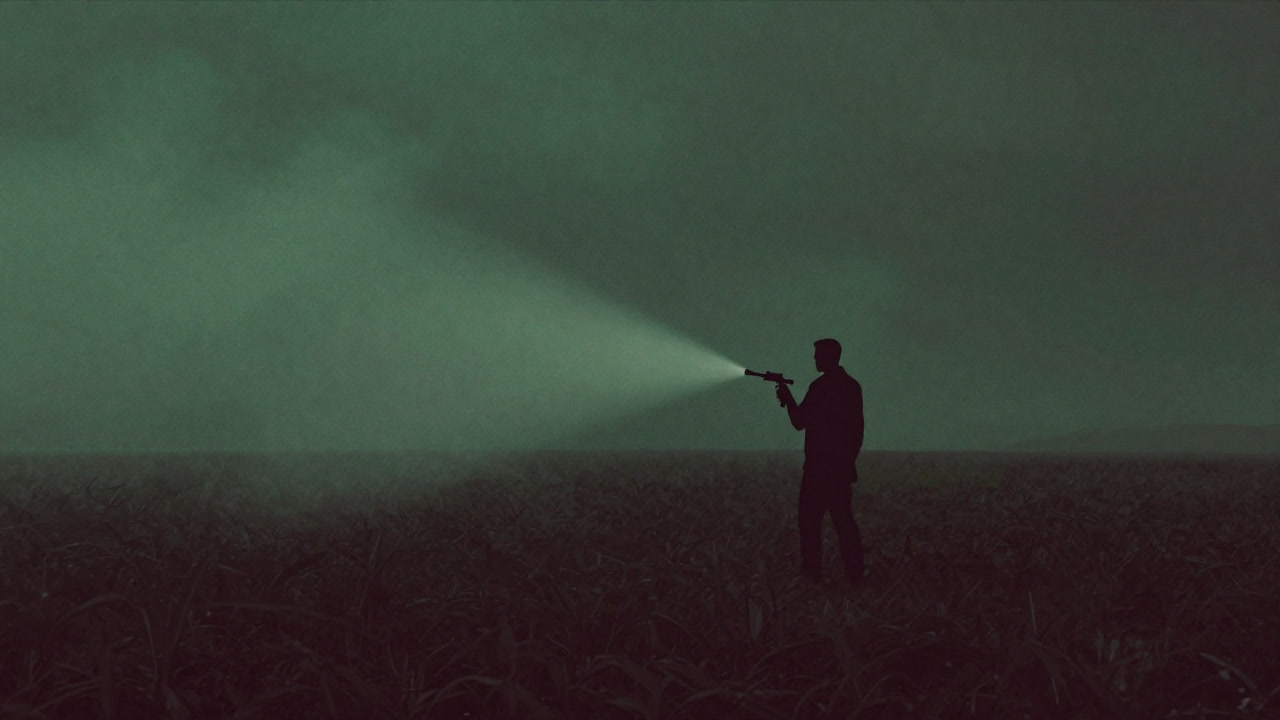 Silhouette of a spray nozzle standing alone amidst a chemical haze covering fields