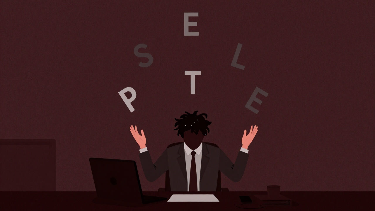 頭上でP、E、S、T、L、Eの文字を回し混乱するビジネスマンのイラスト