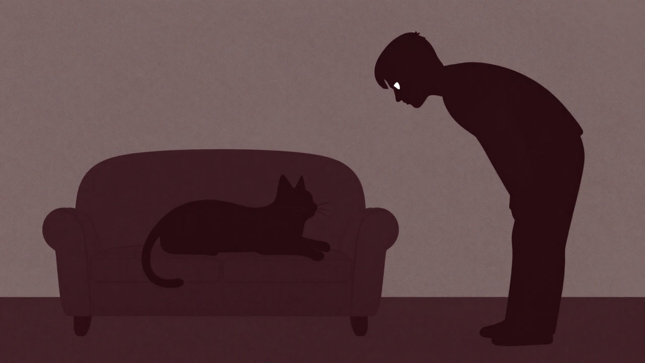 Silhouette of a cat lounging atop its owner’s sofa, casting a silent stare on the human at its mercy
