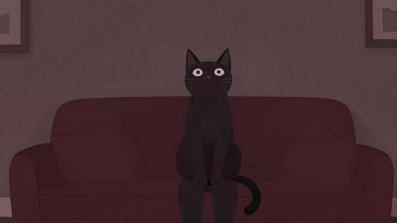 Silhouette of a cat perched on owner’s lap in the living room, looking up with pleading eyes