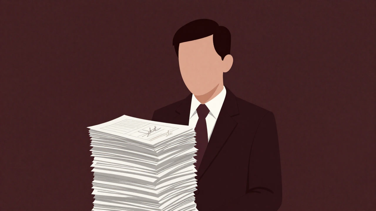Illustration of a bureaucrat with a blank expression looking at a long stack of papers filled with signatures.