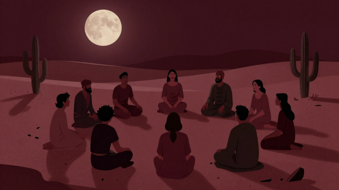 砂漠の夜、月明かりの下で陶酔と苦悶の表情を浮かべる参加者たちのシルエット