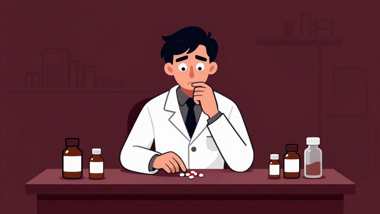 Image of a pharmacist at a drugstore counter, smiling while tapping a calculator in front of vials of medicine.