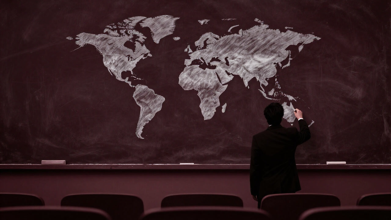 Silhouette of a professor drawing the world on a blackboard with chalk in a dim lecture hall