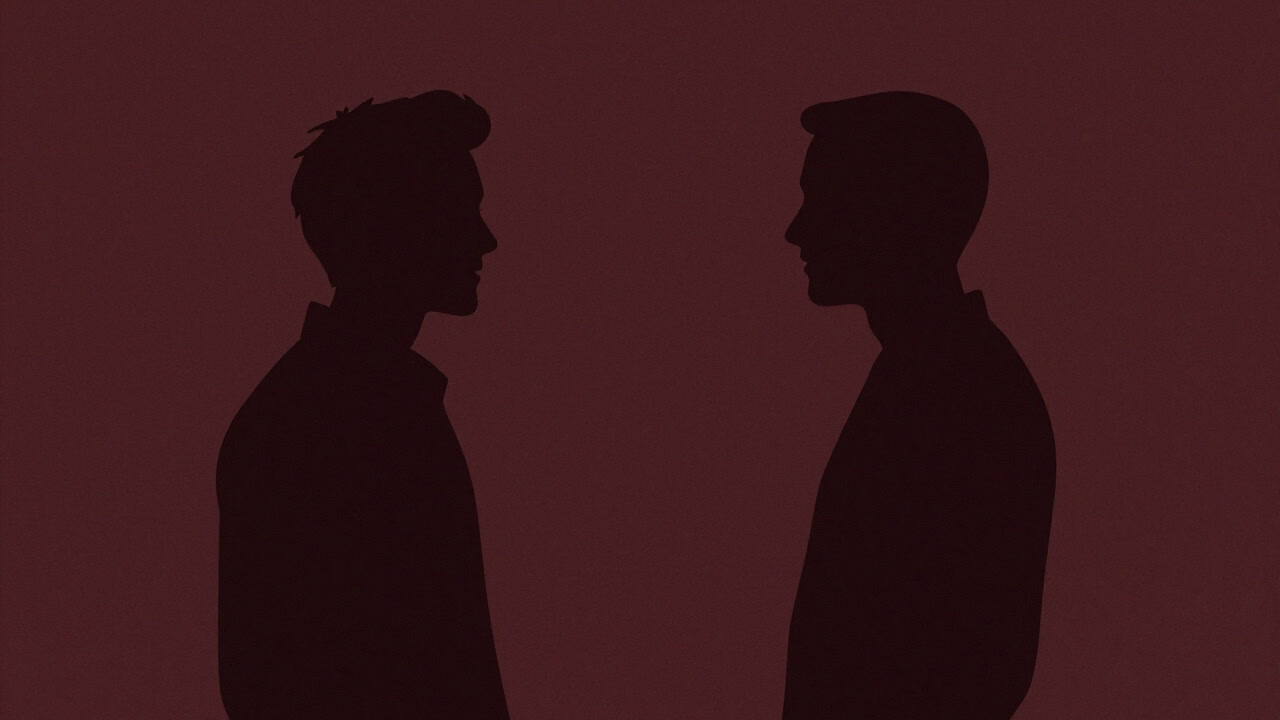 二人が向かい合い、微妙な距離感で笑顔を交換する影のようなシルエットの画像