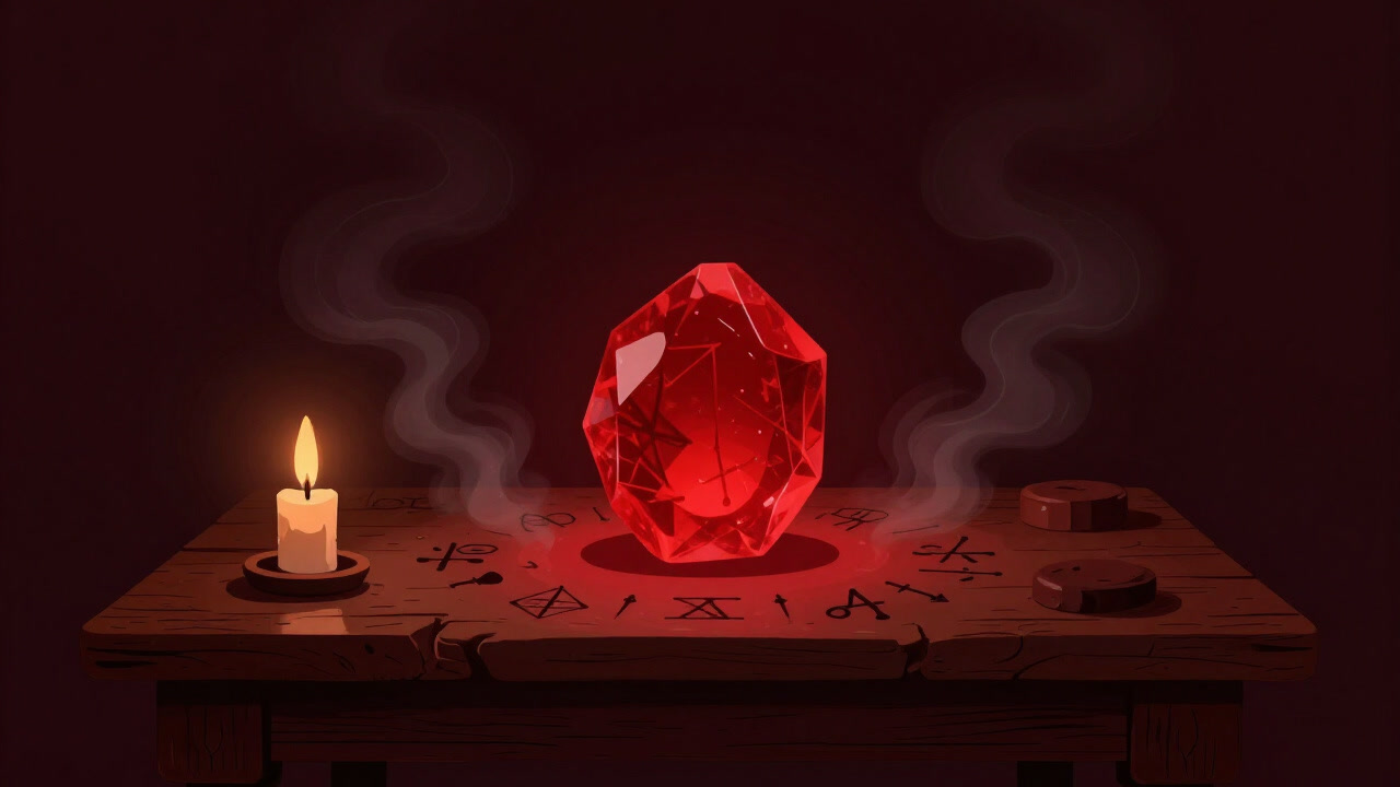 薄暗い錬金術の研究室の机の上で、ろうそくの灯りに照らされ赤く輝く賢者の石のイメージ