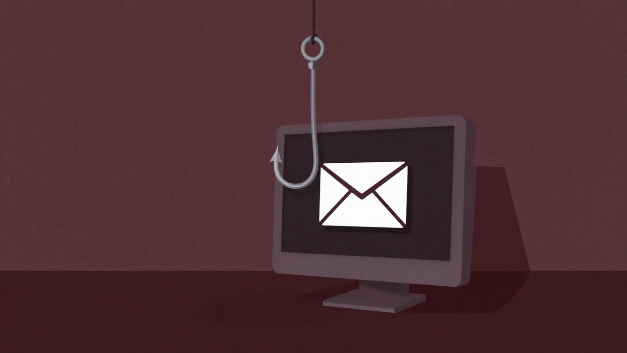 Illustration of a giant fishing hook emerging from a computer screen pulling up an email icon.