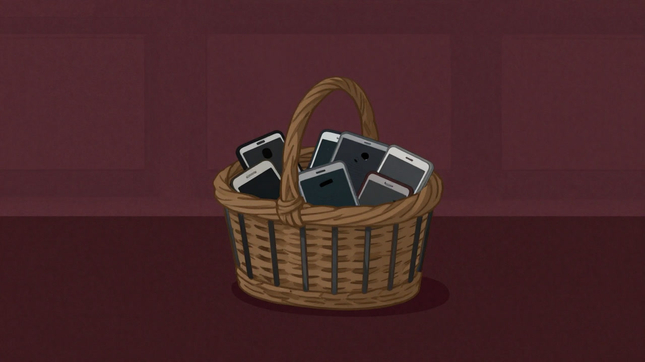 テーブル中央の籠に無言で収められたスマホが、まるで監獄の囚人のように佇むイラスト