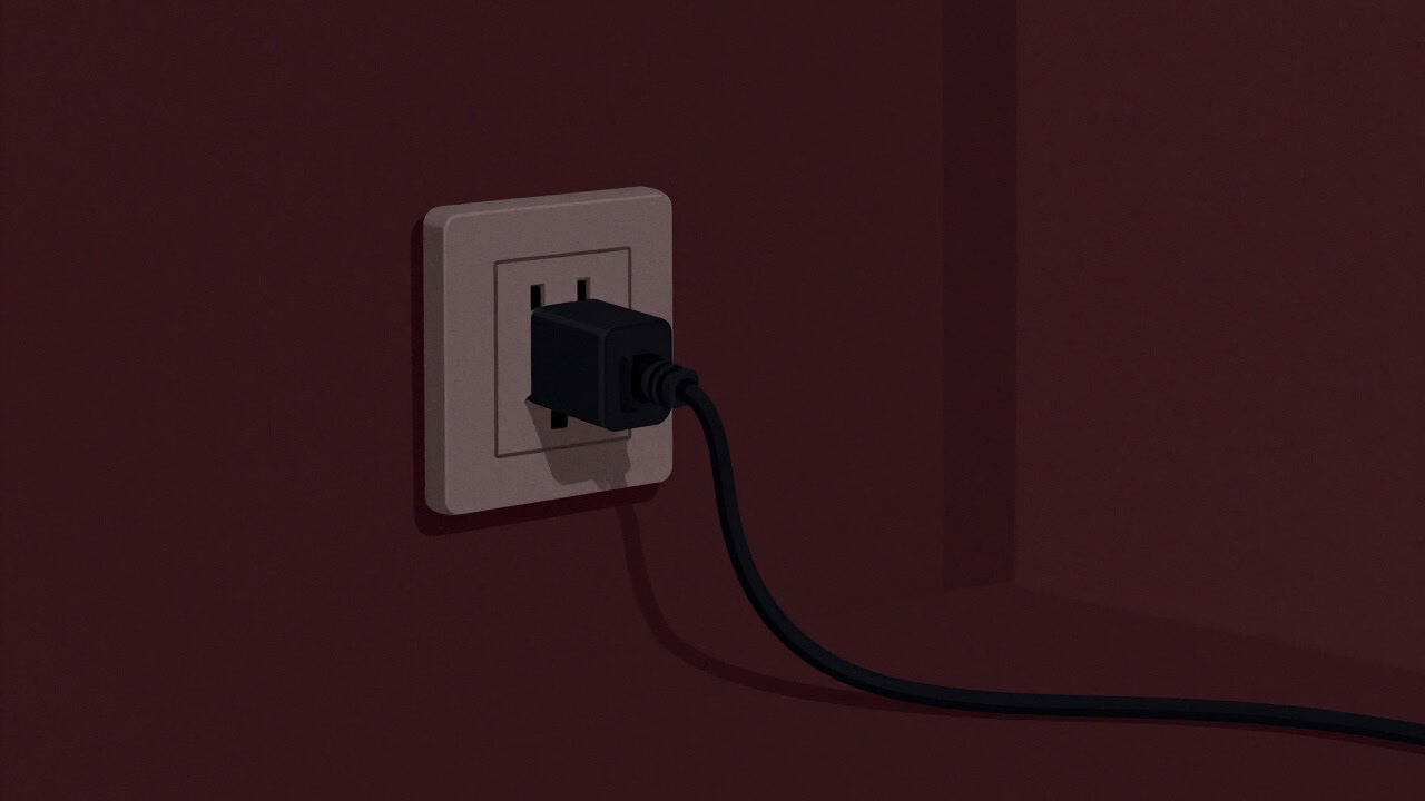 Image of a charger desperately plugged into an outlet, hanging with a forlorn posture