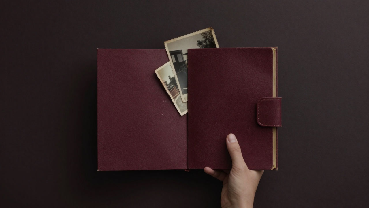 古びたアルバムから覗く色あせた写真を背景に、遠い日の思い出を見つめる人影の画像