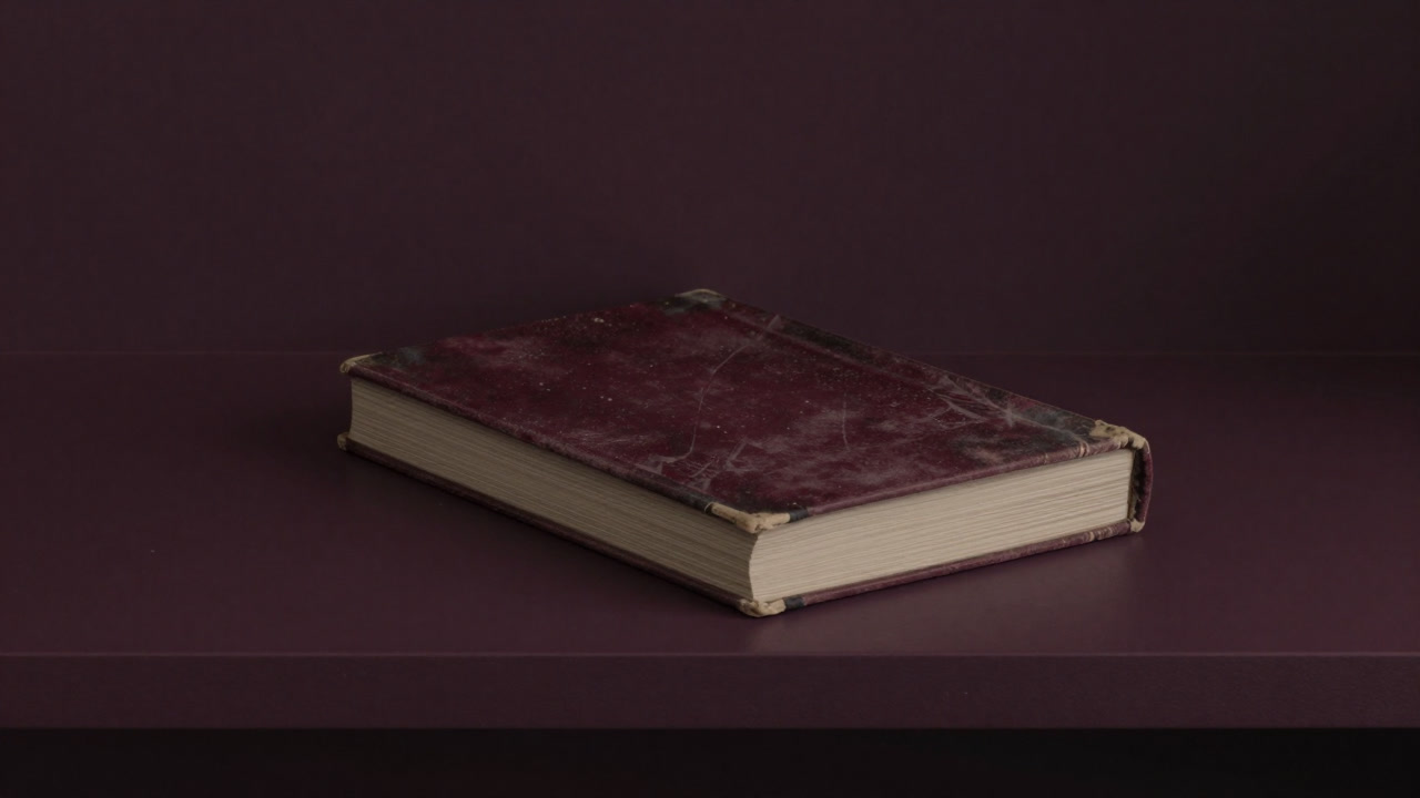 リビングの棚に無造作に置かれた、埃を被ったフォトブックの表紙のクローズアップ