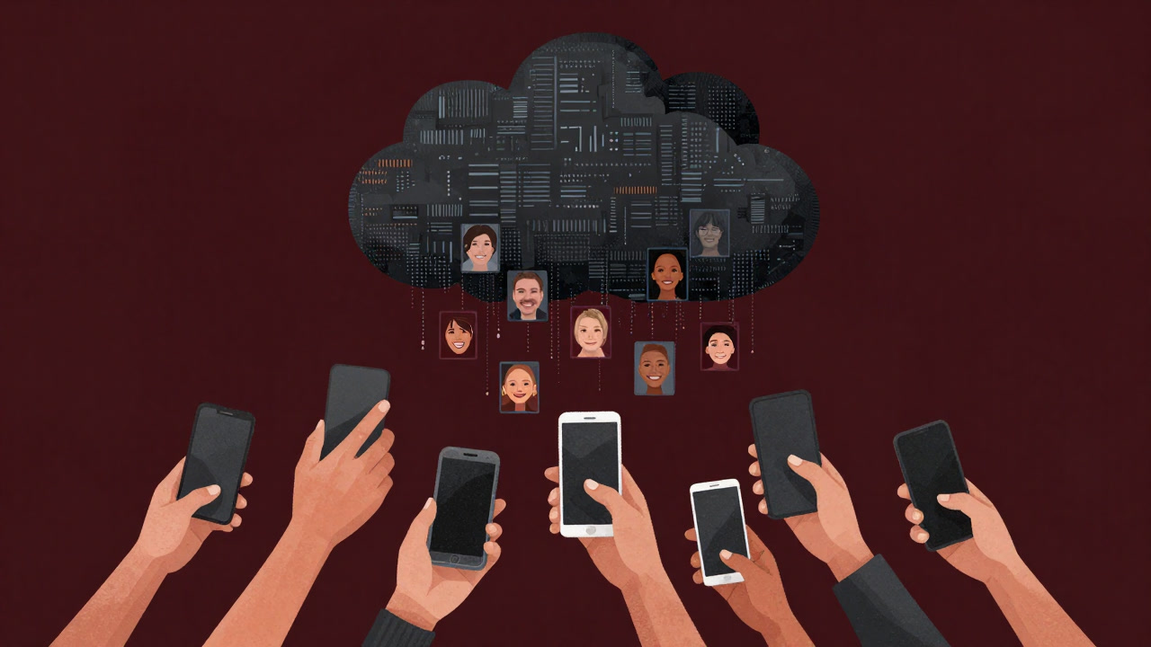 Illustration of countless hands holding smartphones reaching out to a giant cloud that scoops up the smiling faces on their screens.