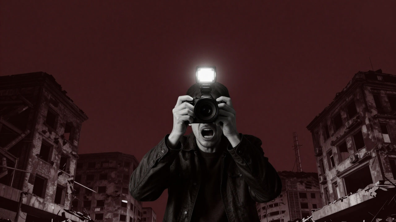 A flash illuminating the face of a ruin-stricken victim, as if slicing centuries of suffering into a single moment