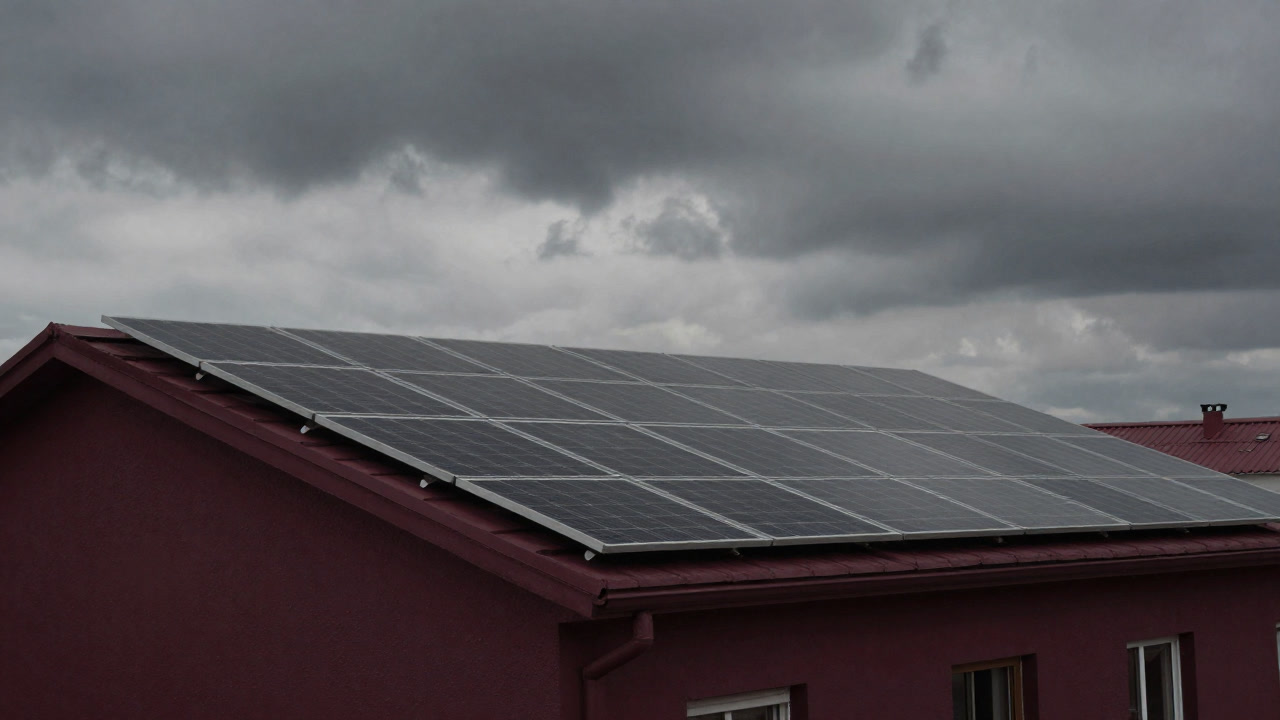 Photo of black panels arranged on a roof, standing silently as they await sunshine.