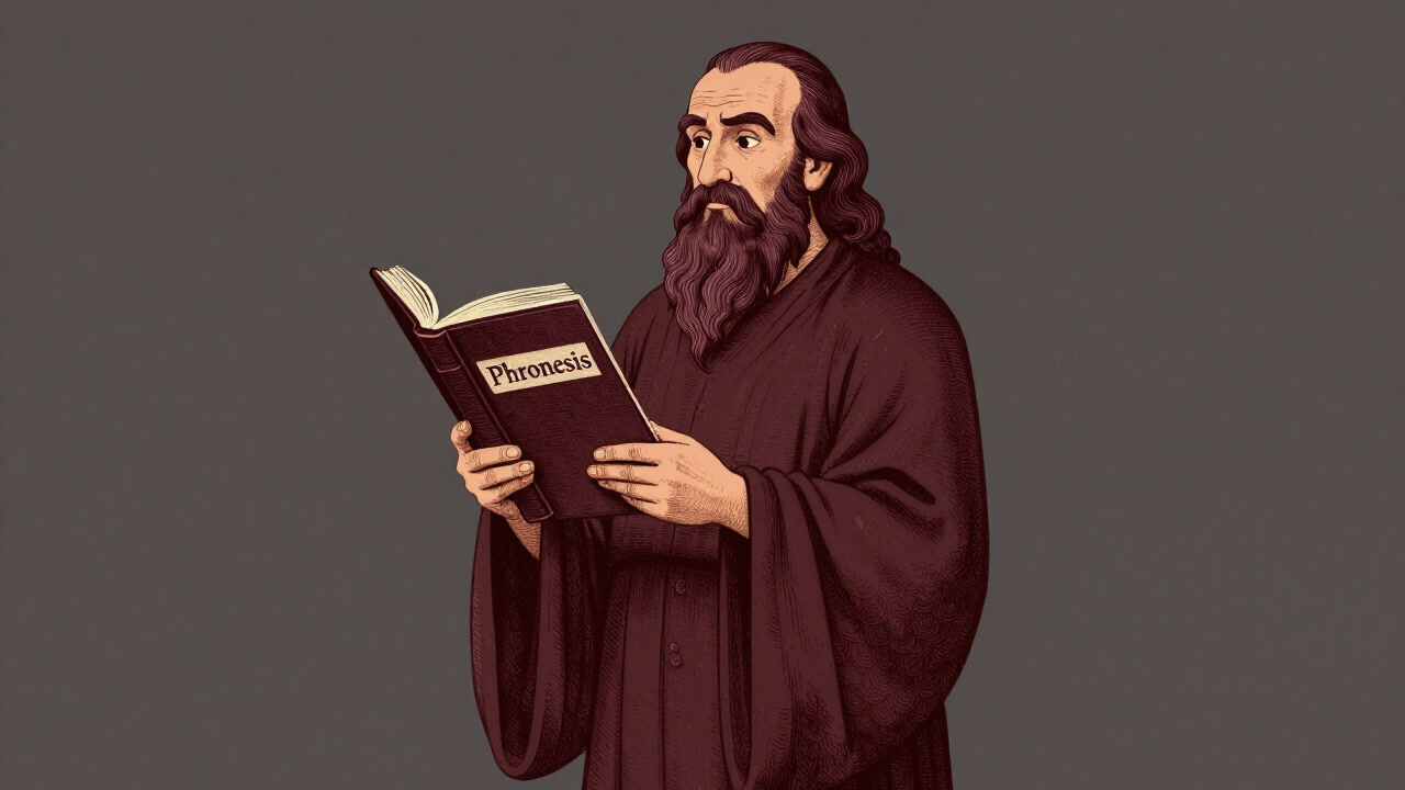 Illustration of a sage holding an ancient tome symbolizing practical wisdom.