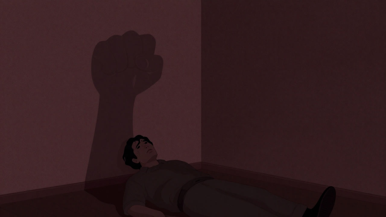 Illustration of a dark room corner with a shadow on the wall showing a clenched fist and a trembling figure.