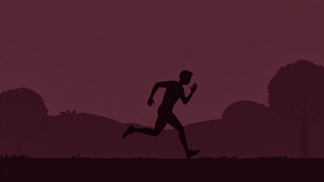 公園で苦悶の表情を浮かべながらジョギングする人物のシルエット