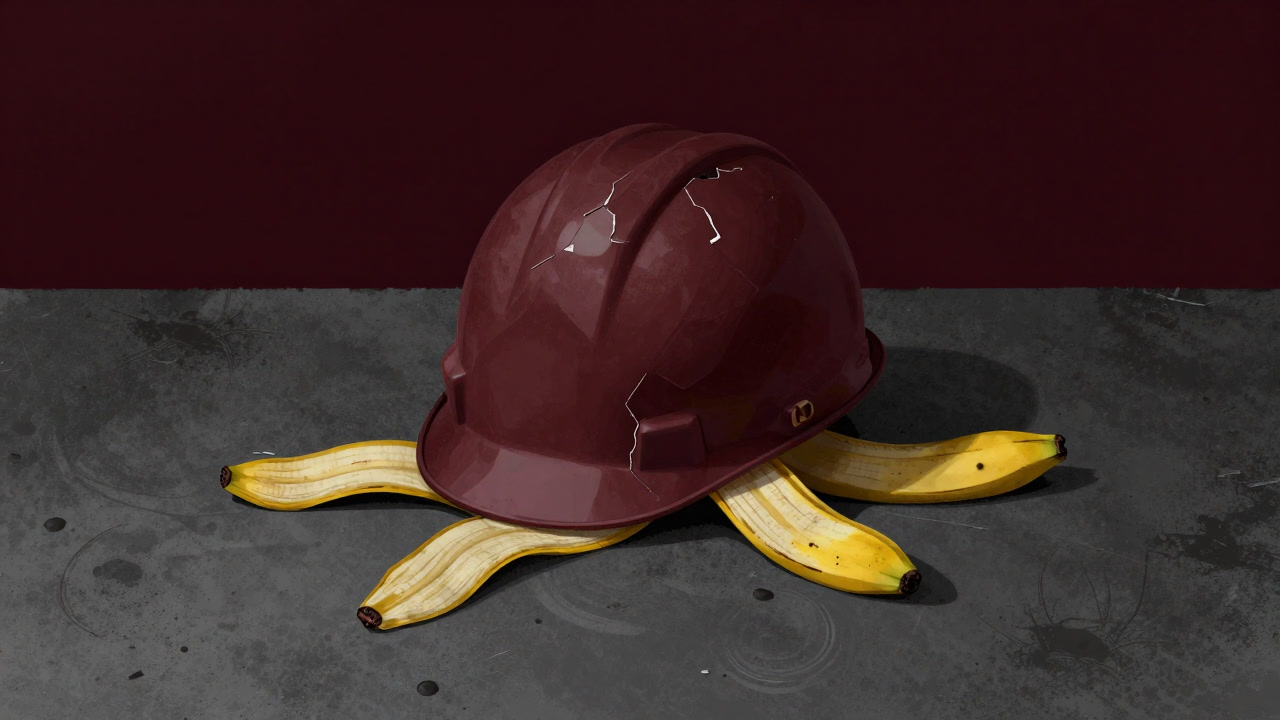 An illustration showing a cracked helmet and scattered banana peels on the ground