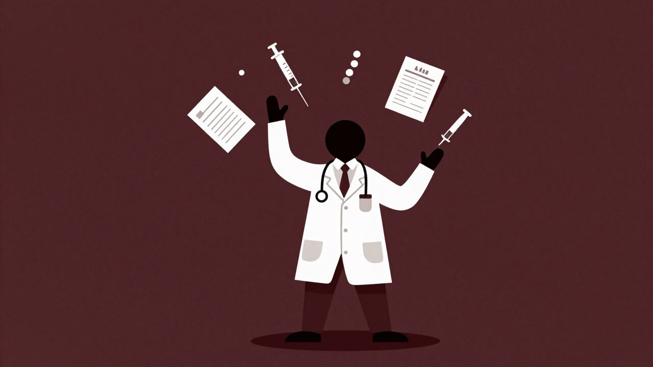 Satirical illustration of a physician in a white coat juggling syringes and medical charts