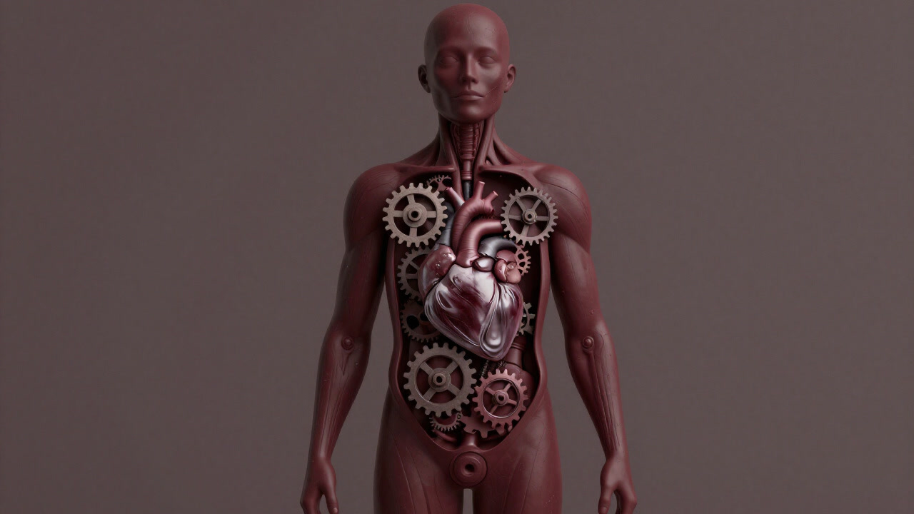 Image of an anatomical model blending mechanical parts with human organs, the heart depicted as a turning gear, evoking curiosity