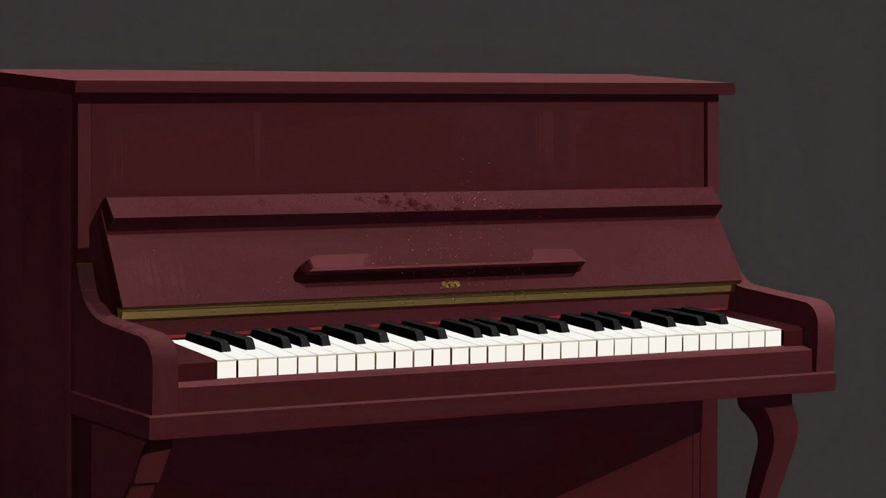 An old wooden piano covered in dust, its keys staring in anticipation of the next casualty.