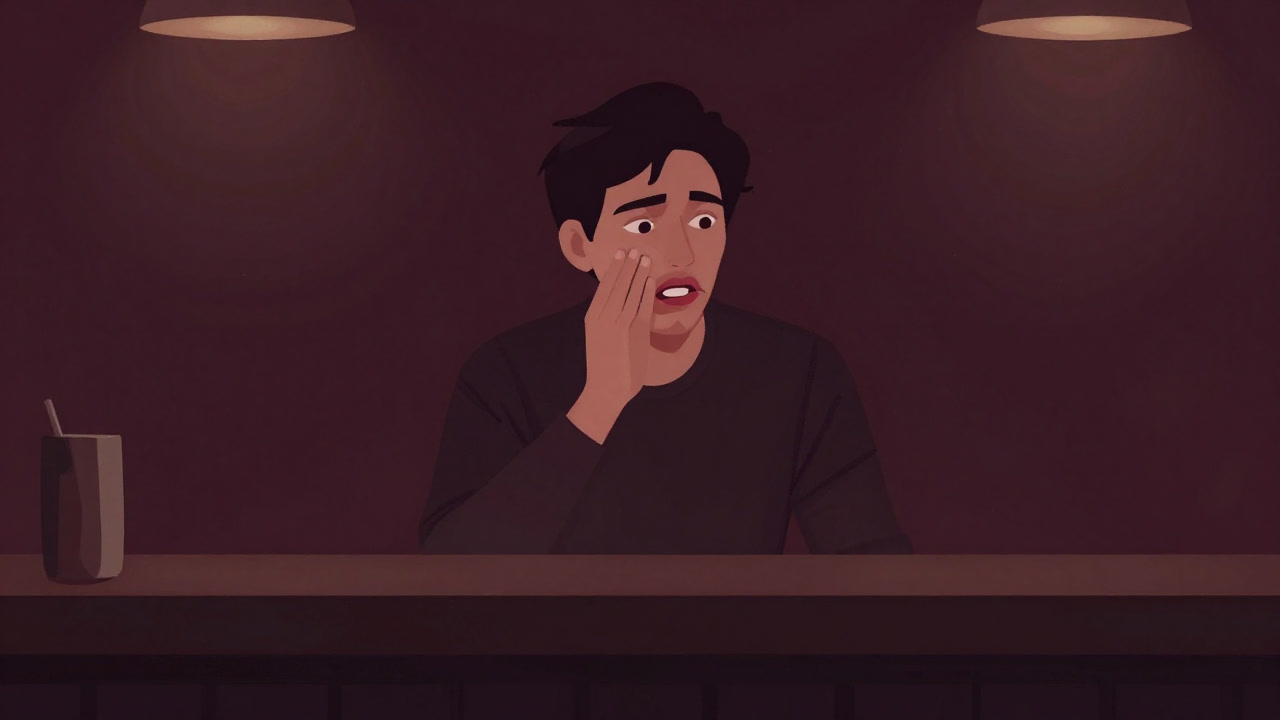 薄明かりのバーで、緊張した顔で口説き文句をつぶやく男性のシルエット