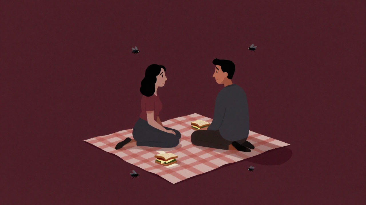 Silhouette of an awkward couple on a mismatched picnic blanket under a bright sky