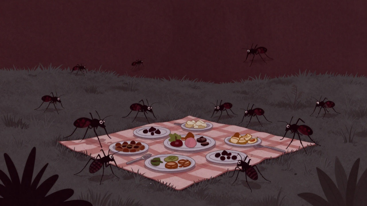芝生の上に広げたシートの上に食事が並ぶが、周囲の蚊が主役のように画面を支配するイラスト