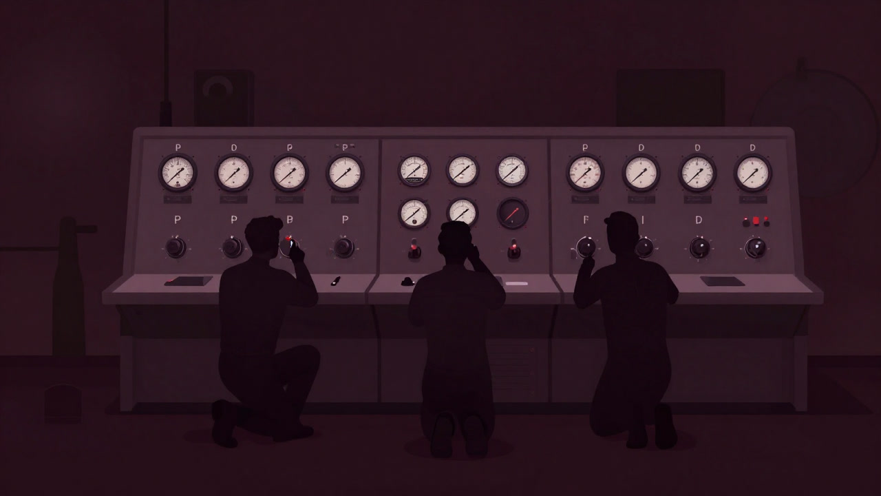 An ancient control panel where engineers turn knobs in prayer-like ritual