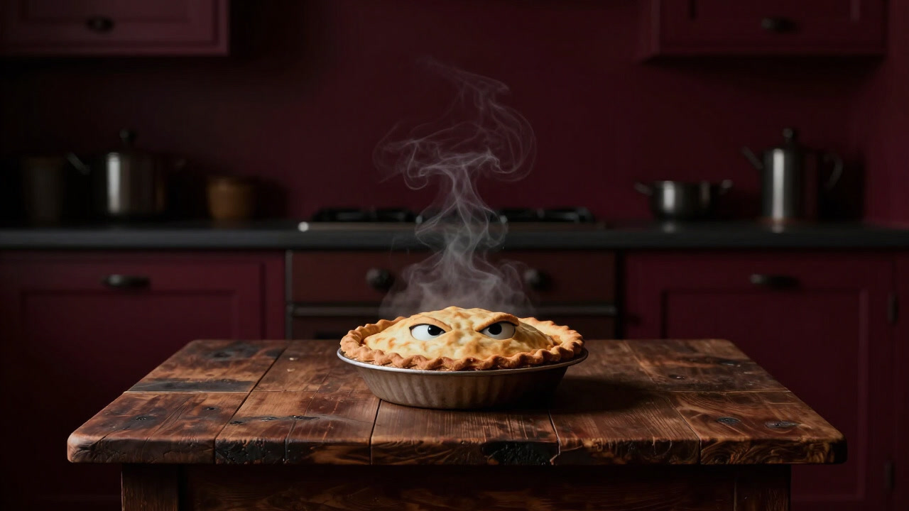 Illustration of a pie sitting on a dark kitchen table emitting faint steam and staring defiantly at the viewer.
