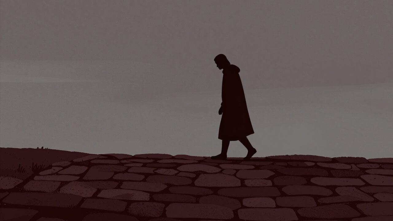 曇り空の下、古びた石畳の道をひたすら歩く巡礼者のシルエット