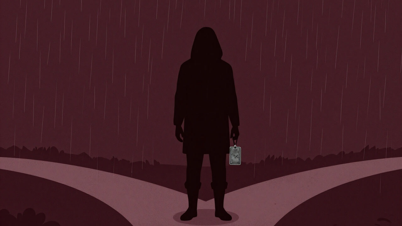 巡礼の道の分岐点で風雨にさらされながら、鈍く光る金属片を手に佇む巡礼者の影絵