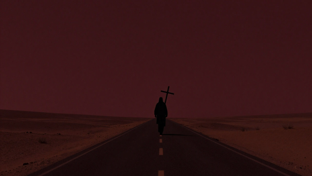 Silhouette of a traveler carrying a cross on a barren desert road, walking endlessly